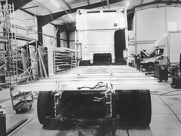 DAF XF Euro 6 Chassis stripped down in the workshop at the start of our custom-build