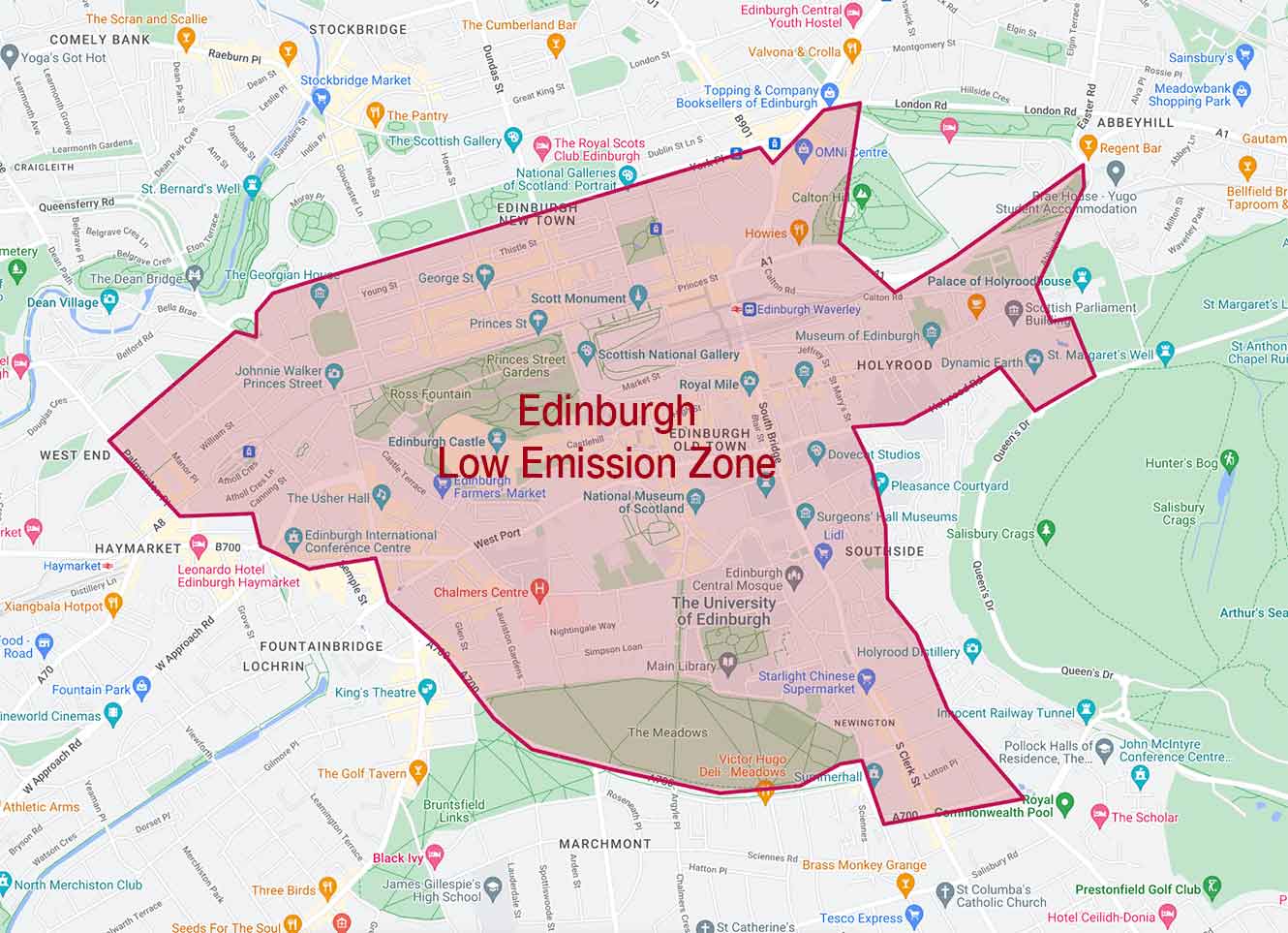 Map showing the boundary of the Edinburgh Low Emission Zone